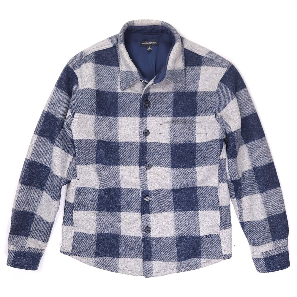 Banana Republic Mens Buffalo Plaid Lined Shirt Jacket Blue Grey Small Shacket